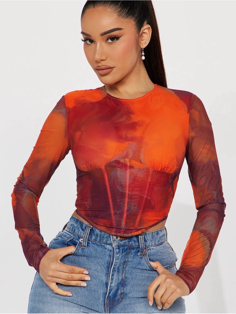 Fashion Nova Orange & Red Tie-Dye Mesh Long Sleeve Crop Top